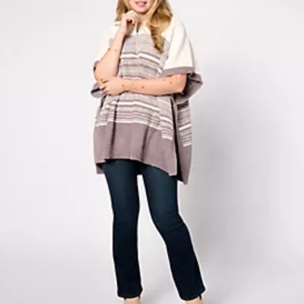 Barefoot Dreams CozyChic Striped Poncho Shawl With Zip Neck